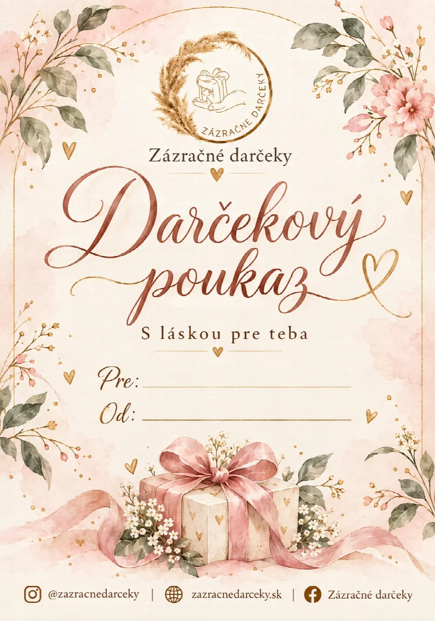 Darčekový poukaz Zázračné darčeky s nápisom S láskou pre teba, ružovými kvetmi a darčekom